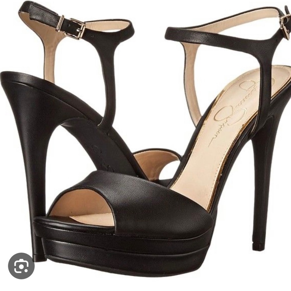 Jessica Simpson “Pristine” Black Leather Platform Heel Sandal, Size 8.5
